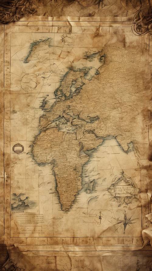 加工されたリネンから作られたアンティークな羊皮紙に描かれた古代地図の壁紙