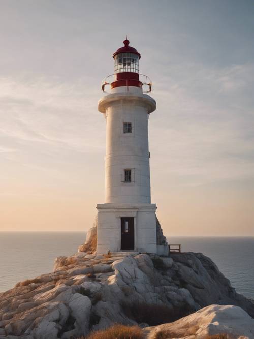 Грандиозный маяк из белого мрамора, одиноко стоящий на скале с видом на море на рассвете.