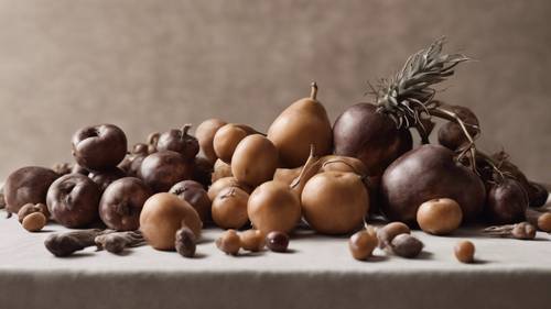 A monochromatic still life of various brown fruits and vegetables.