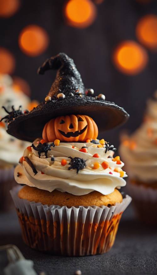 A Halloween themed cupcake decorated with tiny edible witch hats and small jack-o'-lanterns.