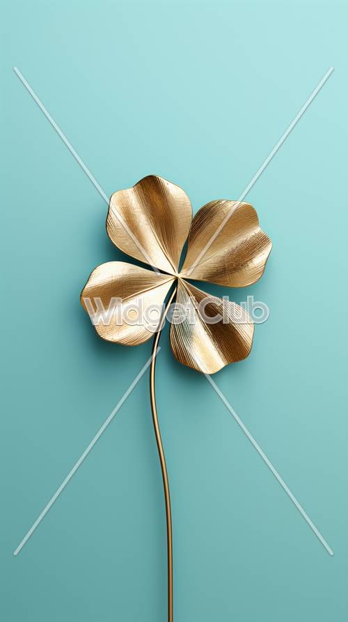 Golden Four-Leaf Clover on Turquoise Background