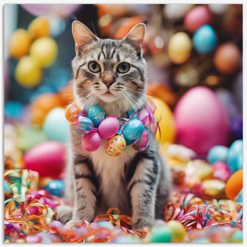 Seekor kucing rumah tangga terjerat dalam dekorasi dan pita Paskah berwarna cerah