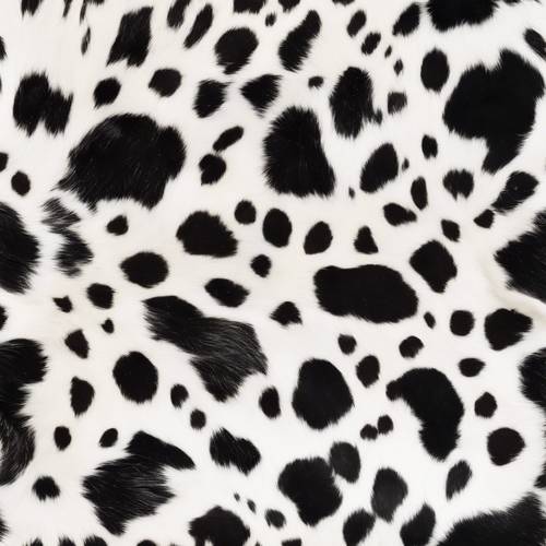 A richly textured cowhide pattern with black spots on a white background.