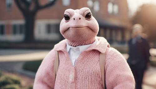 A preppy turtle in a light pink sweater over a blouse, standing near a campus library. Tapet [115ffd6ade6e42c0b4ab]