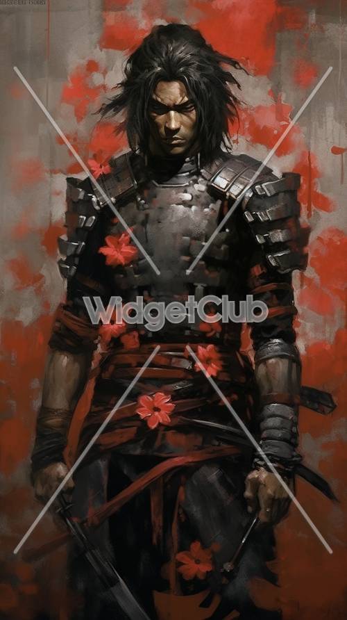 Guerreiro Samurai em vermelho e preto com flores de cerejeira