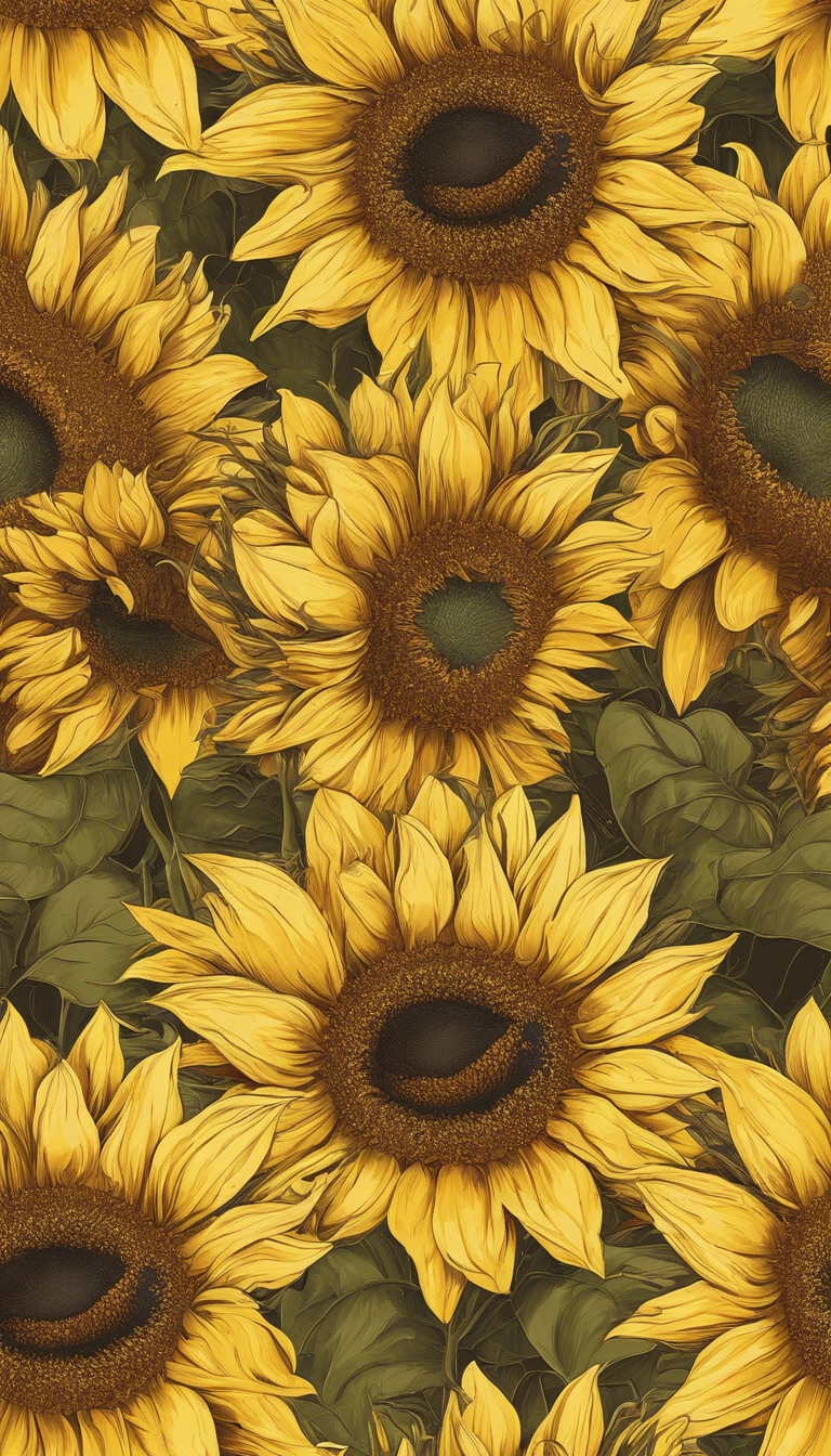 A seamless pattern of yellow sunflowers against a bright yellow background. Divar kağızı[a04179d28f0b4a7d91e2]