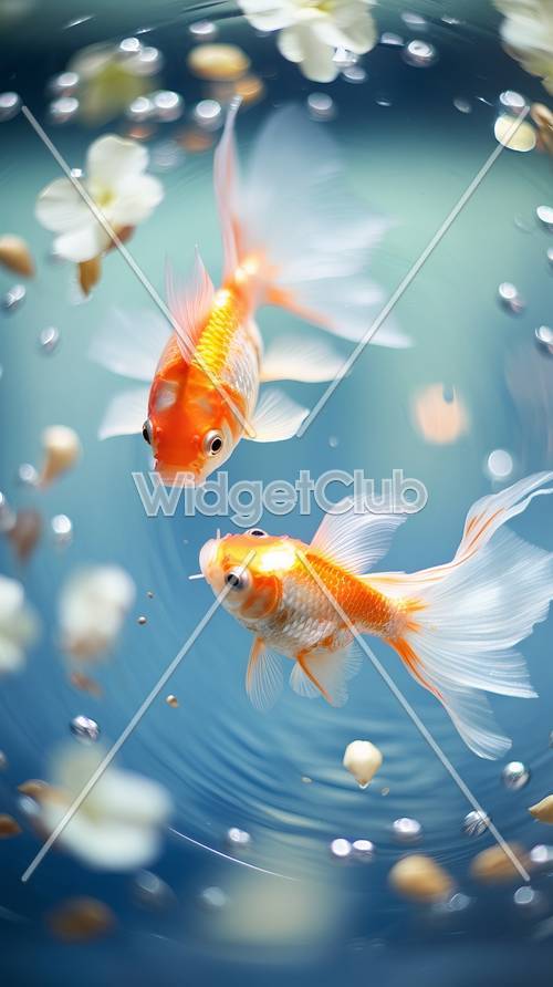 Zwei Goldfische schwimmen im klaren, blauen Wasser