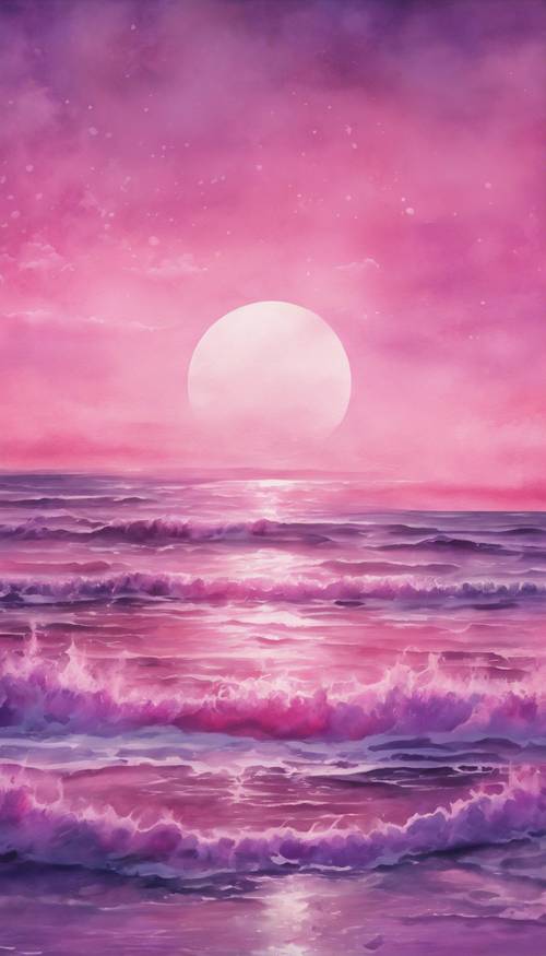 Спокойный морской пейзаж, написанный розовыми и фиолетовыми акварельными красками.