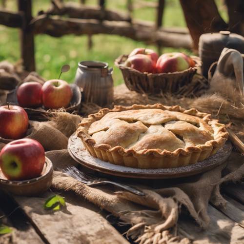 A country-style birthday, iron cast utensils, a simple yet delicious apple pie on a rustic wooden table, a barn and haystacks serving as the backdrop.