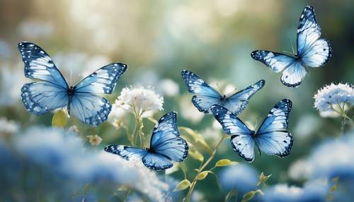 Kapryśny portret fruwających niebieskich i białych motyli w akwareli