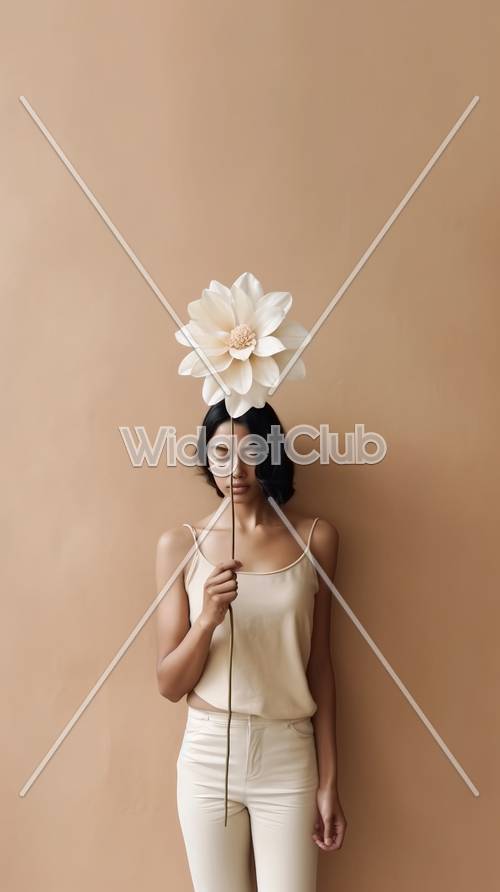 女性の顔を覆う巨大な花の壁紙
