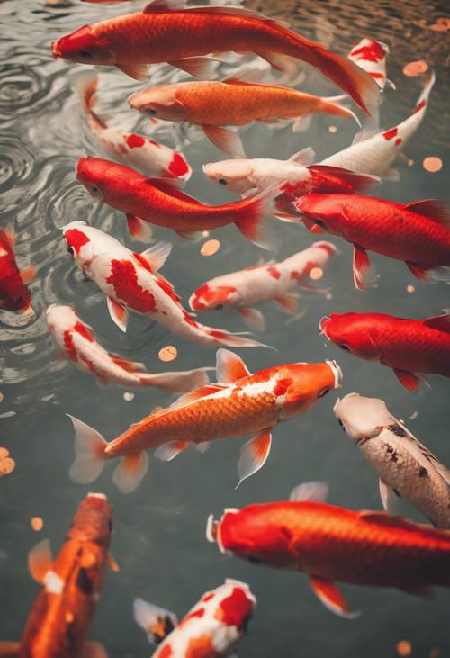 Plusieurs poissons koi rouges nageant dans un étang ornemental beige.