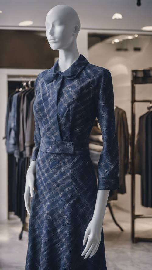 A navy blue checkered dress on a stylish mannequin at a sophisticated boutique.