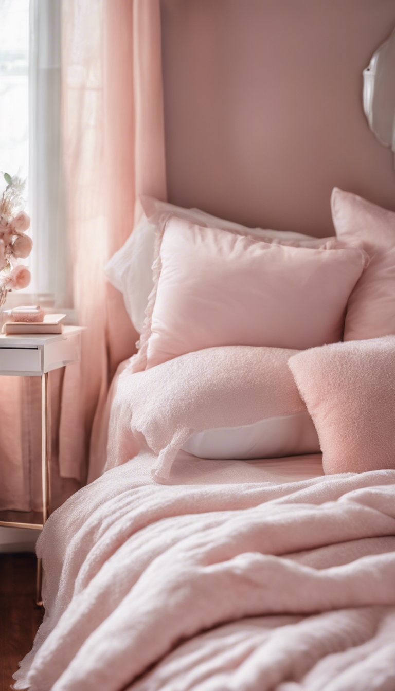 A cozy bedroom interior bathed in soft pink morning light, with fluffy white bed linens and plush pillows.壁紙[7f17b53f50164164b5a7]