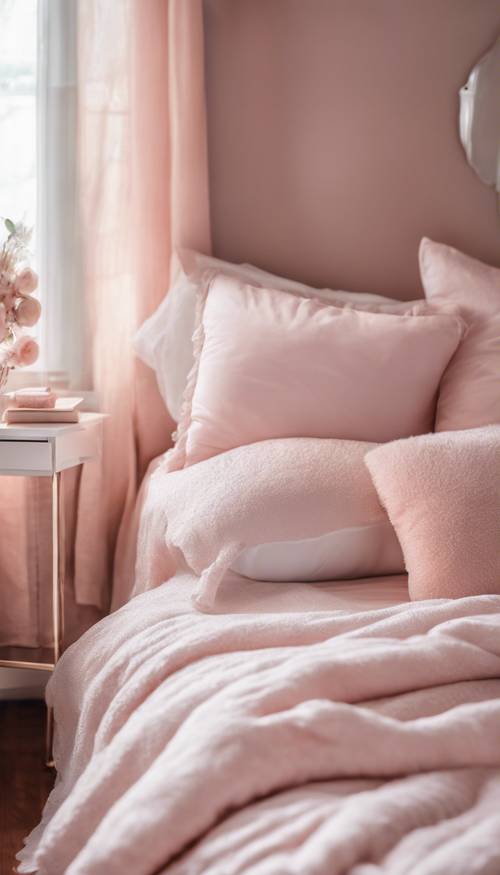 舒适的卧室内部沐浴着柔和的粉红色晨光，配有蓬松的白色床单和毛绒枕头。