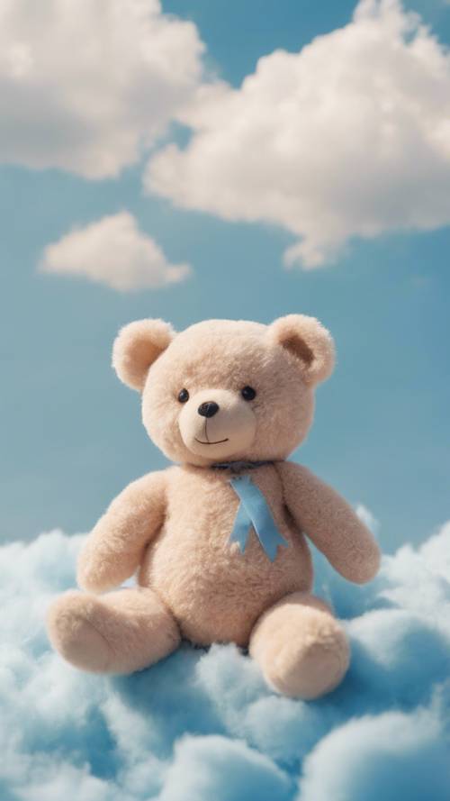 Um ursinho de pelúcia bege kawaii sentado em uma nuvem macia e fofa em um céu azul.