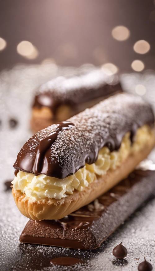 A creamy chocolate éclair with shiny ganache on top, sprinkled with powdered sugar.