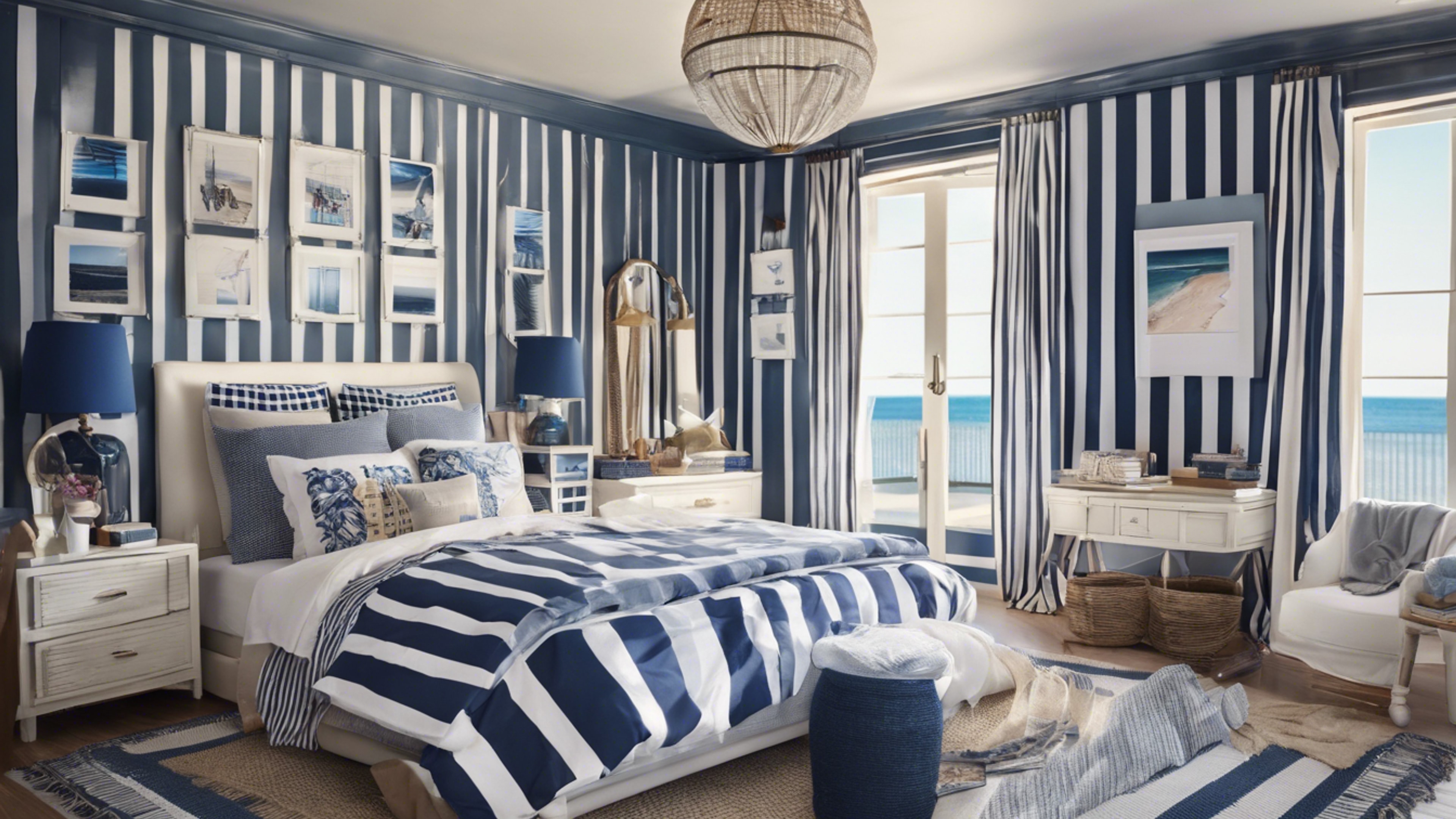 A relaxing preppy bedroom with a coastal charm, decorated with bold navy blue and white stripes, and summer beach elements. Wallpaper[35683537743b4598a571]