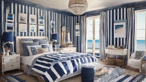 Một phòng ngủ mang phong cách preppy thư giãn với nét quyến rũ của miền biển, được trang trí bằng các sọc trắng và xanh nước biển đậm cùng các yếu tố bãi biển mùa hè.