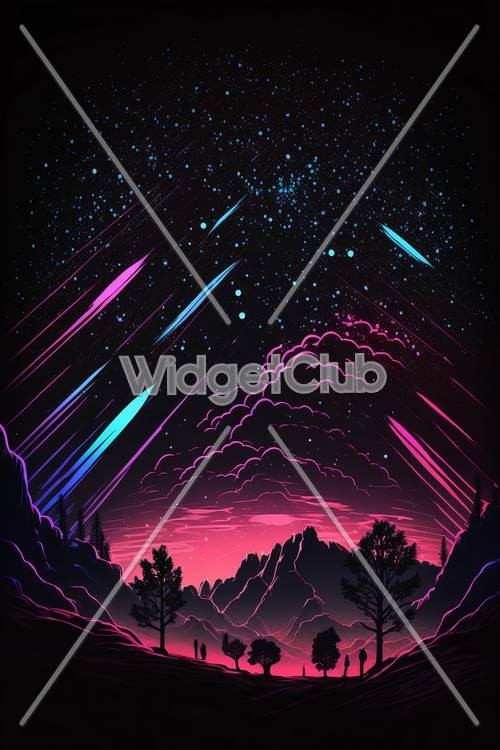 Colorful Night Sky with Shooting Stars and Mountains Wallpaper[bcce46ebd5f643d89b31]