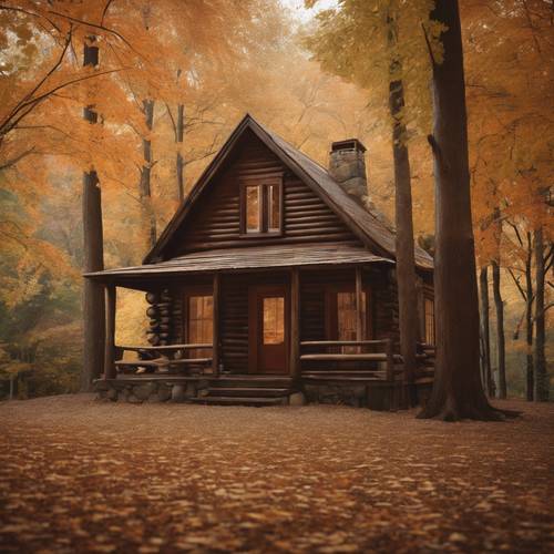A calm brown-toned image of an old-fashioned wooden cabin nestled amidst towering autumn trees.