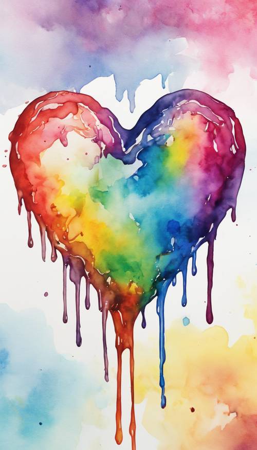 A vibrant watercolor painting of a heart dripping with vivid, rainbow-colored ink under a clear sky Tapet [830b1a1058ec40bc9374]