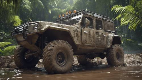 An off-road vehicle driving on a muddy path in a rainforest.