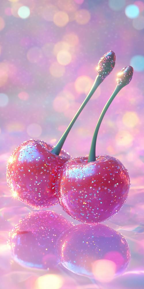 Sparkling Cherries on a Purple Glitter Background