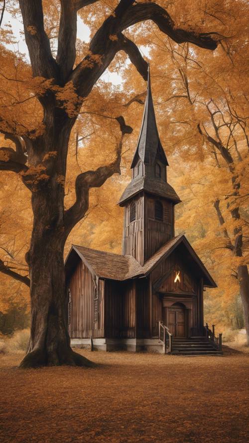 A rustic wooden church nestled among old trees, during autumn