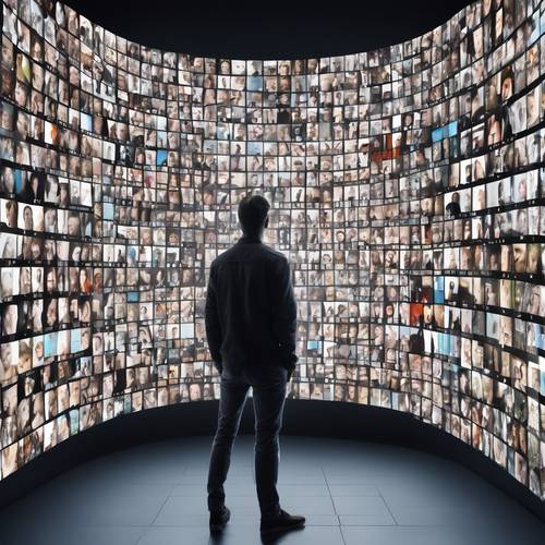 A isolated man facing a wall-sized transparent screen displaying countless social media profiles, representing social alienation portrayed in Black Mirror.