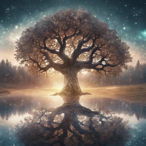A mystical Yggdrasil tree glowing in the center of an ethereal Nordic universe.