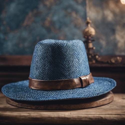 A vintage blue herringbone hat on an antique wooden hat stand.