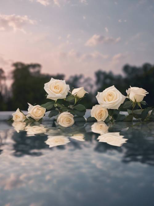 Rosas blancas flotando en un sereno estanque reflectante al atardecer.