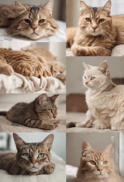 Superbe collage de différents chats stylisés de couleur beige se prélassant, chassant et jouant.