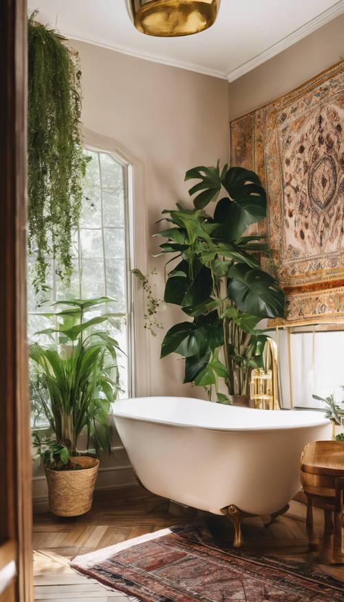 A plant-filled modern boho bathroom with a free-standing bathtub, vintage gold fixtures, and a Persian runner rug.