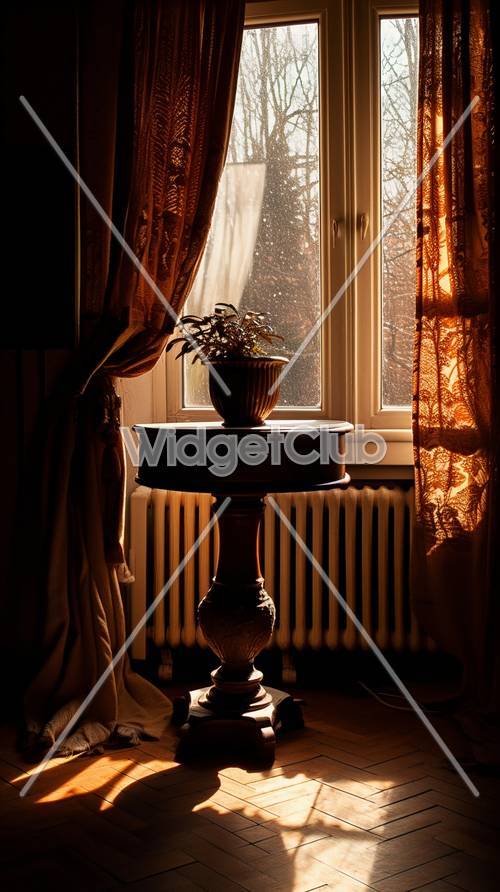 Sunny Window with Plant and Curtains