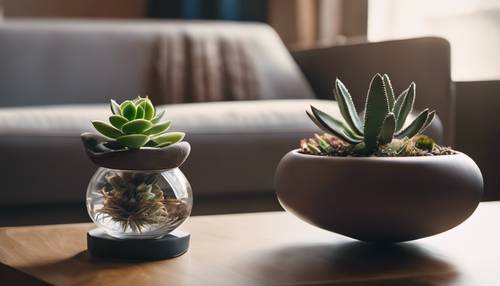 Una graziosa pianta succulenta bulbosa in un elegante e moderno vaso appoggiato su un tavolino.