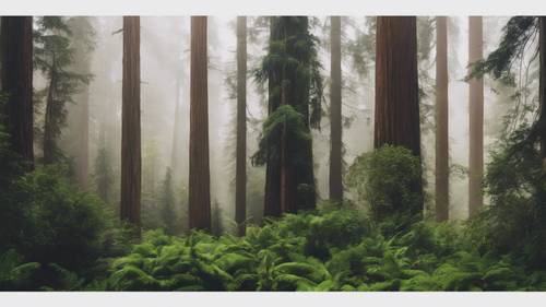 A panoramic view of a lush, foggy forest cut through redwood trees.