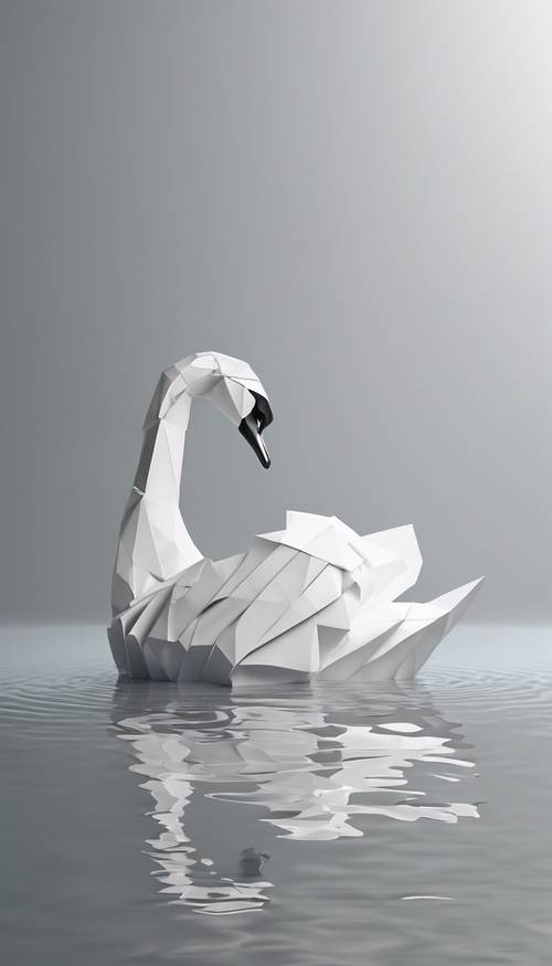 A monochromatic white swan origami sitting in a shallow pool of water.