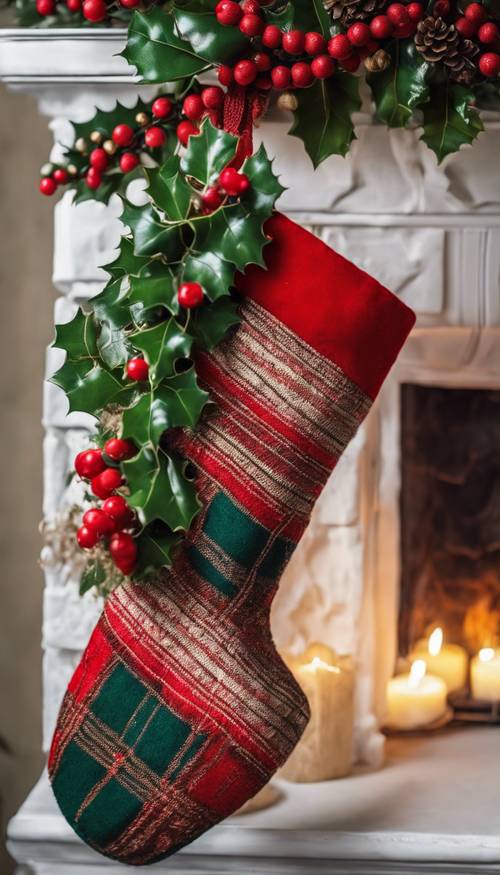 A classic red-green Christmas stocking hanging from a mantel decorated with holly and ivy.