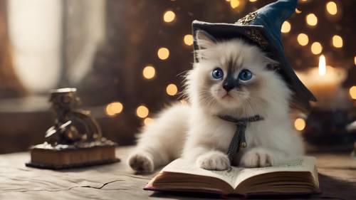 Büyücü şapkası takan bir Ragdoll kedi yavrusu, önünde bir büyü kitabı açık.