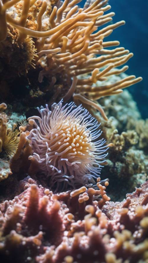 Renkli bir mercan resifine bağlı çizgili deniz anemonunun deniz altı görünümü.