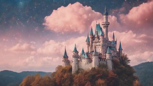 Un château magique et enchanteur niché parmi des nuages ​​aux couleurs pastel dans un ciel étoilé.