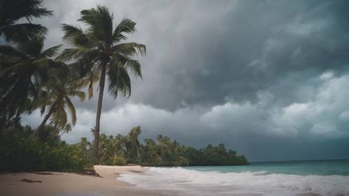 Pulau tropis saat terjadi badai, dengan awan petir bergulung di atas lautan dan pohon palem bergoyang tertiup angin.