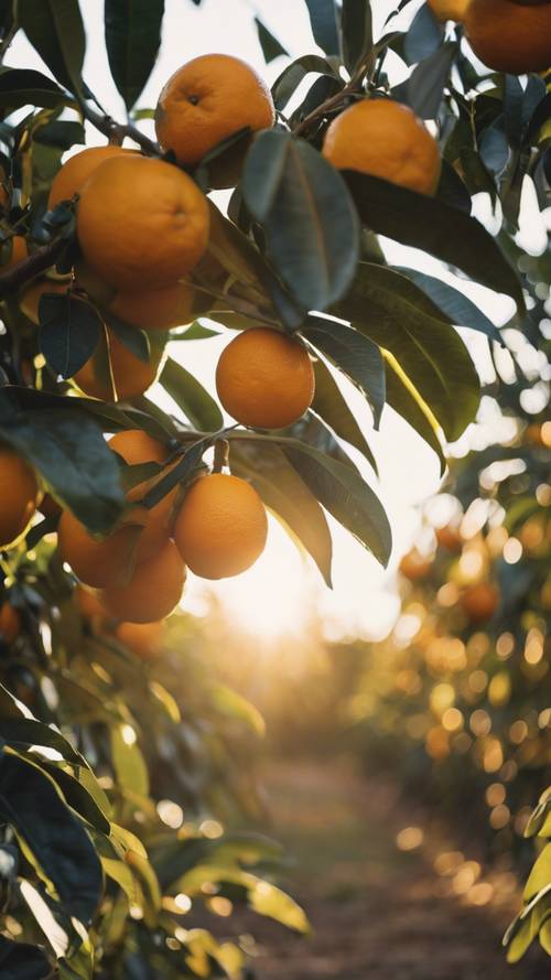 플로리다 중부의 오렌지 과수원. 수확을 앞둔 잘 익은 오렌지 위로 태양이 황금빛 색조를 드리우고 있습니다.