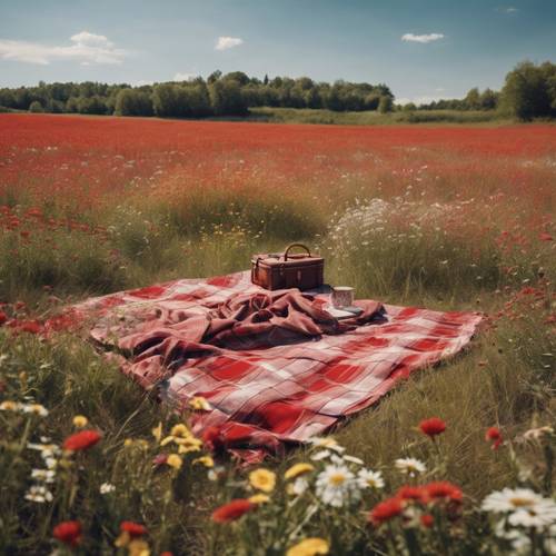 一條紅色格子野餐毯鋪在陽光明媚、開滿野花的田野上。