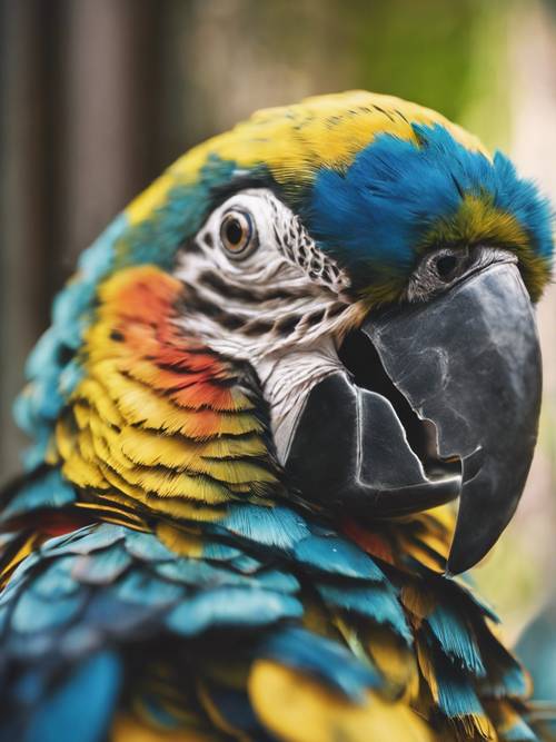 A close-up shot of a vibrant parrot displaying its boldly striped blue and yellow feathers.