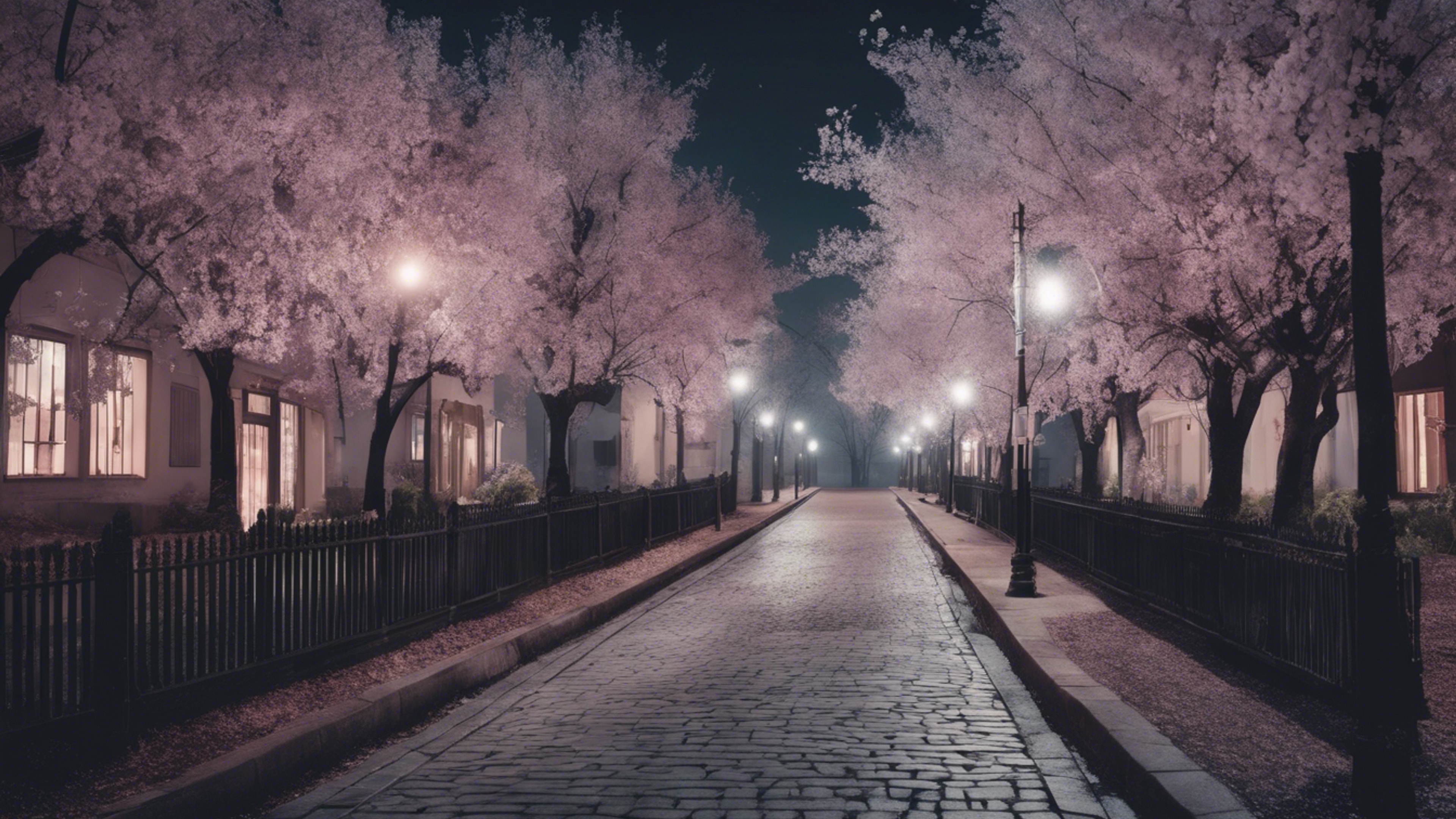 Pastel gothic street lined with black blossom trees under the ghostly night sky. duvar kağıdı[dc1e1b7f0a0c4838b6b6]