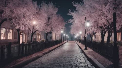 Pastel gothic street lined with black blossom trees under the ghostly night sky.