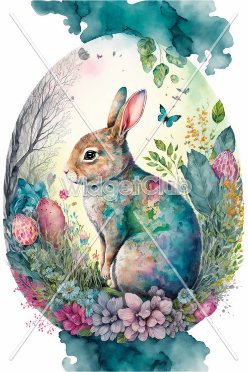 カラフルなウサギと花のファンタジーアート